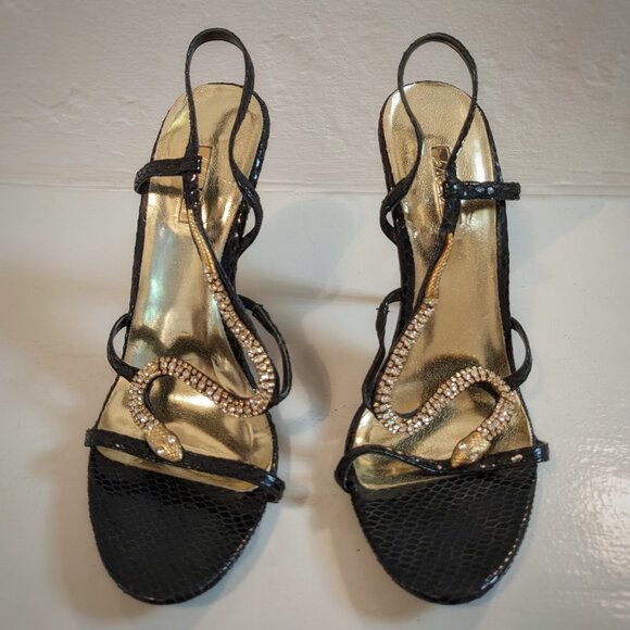 Spectacular Wild Pair Black & Gold Rhinestone SNAKE Stiletto Sandals, Sz. 7.5 - Picture 1 of 13